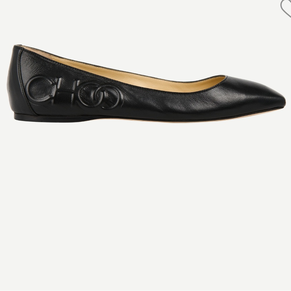 JIMMY CHOO Gwenevere Square Toe Leather Embossed Black Flats Women’s SZ 35 USA 5